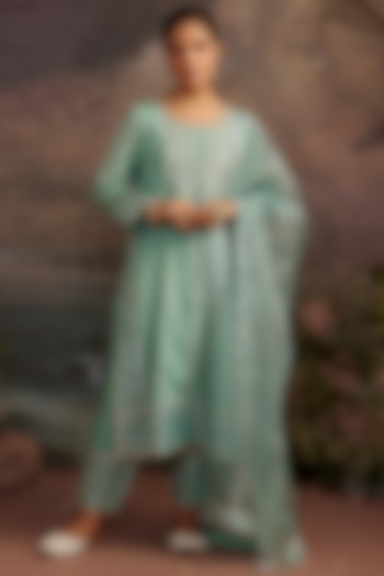 Sea Green Gota Embroidered Kurta Set For Girls by Ajiesh Oberoi - Kids