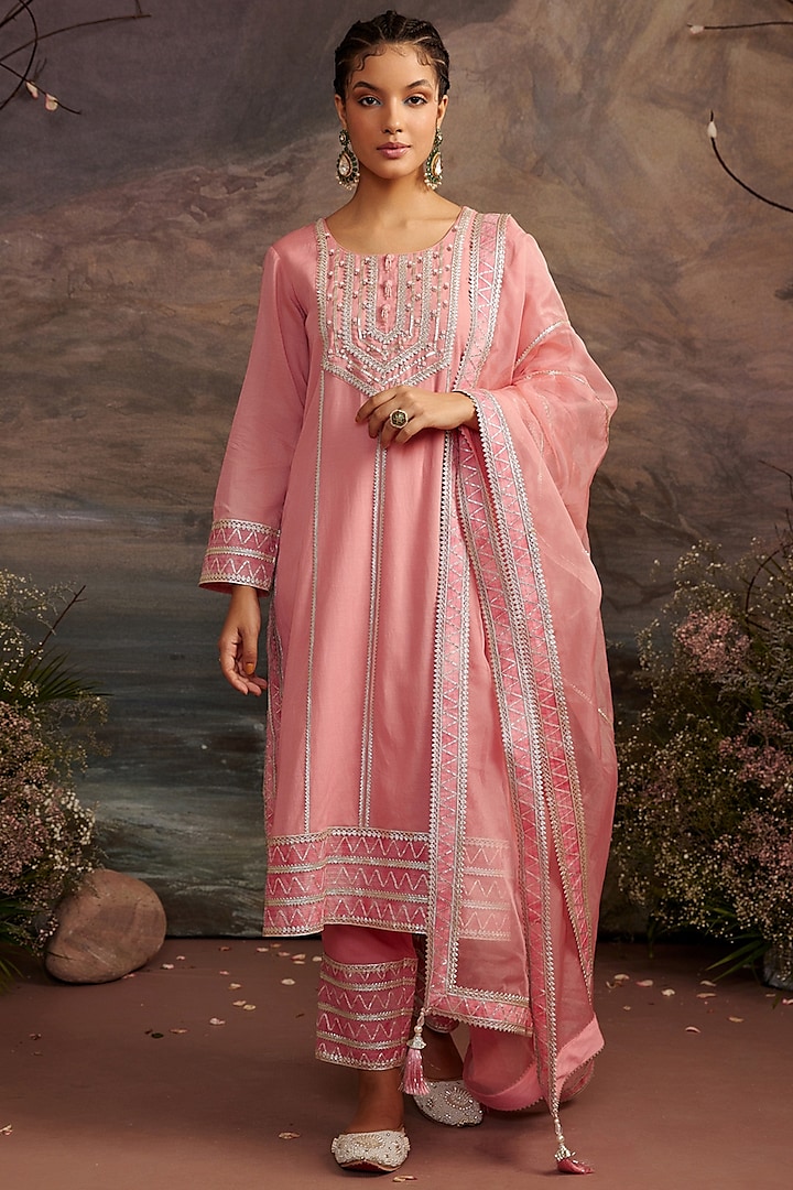 Rose Pink Gota Embroidered Kurta Set For Girls by Ajiesh Oberoi - Kids