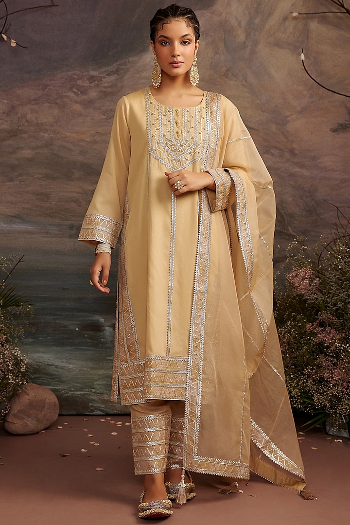 Honey Gold Gota Embroidered Kurta Set For Girls by Ajiesh Oberoi - Kids