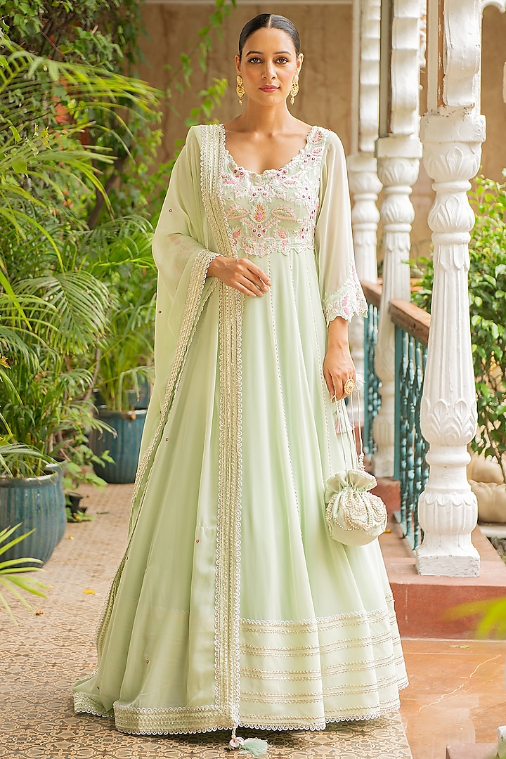Sea Green Lycra & Croma Embroidered Anarkali Set For Girls by Ajiesh Oberoi - Kids