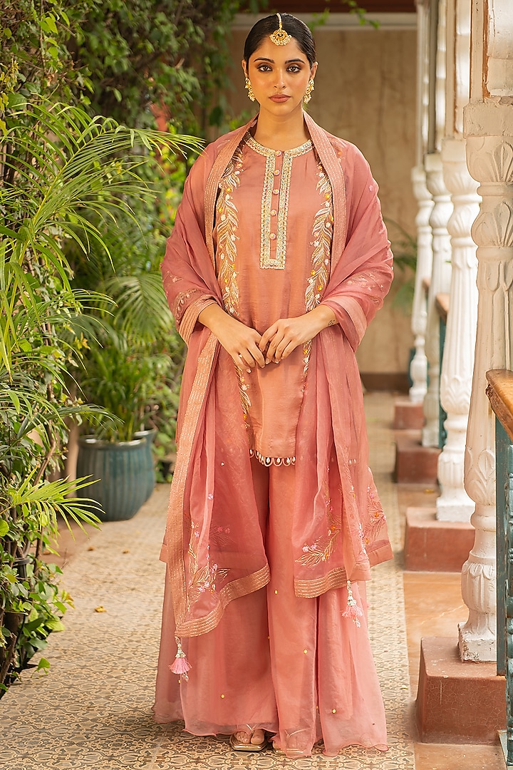 Old Rose Silk & Mulmul Embellished Sharara Set For Girls by Ajiesh Oberoi - Kids at Pernia's Pop Up Shop