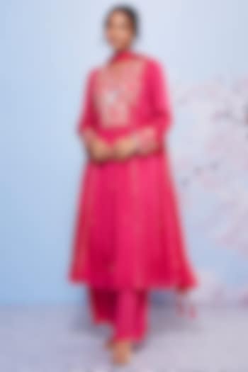 Rani Pink Chiffon Embroidered A-line Kurta Set For Girls by Ajiesh Oberoi - Kids at Pernia's Pop Up Shop