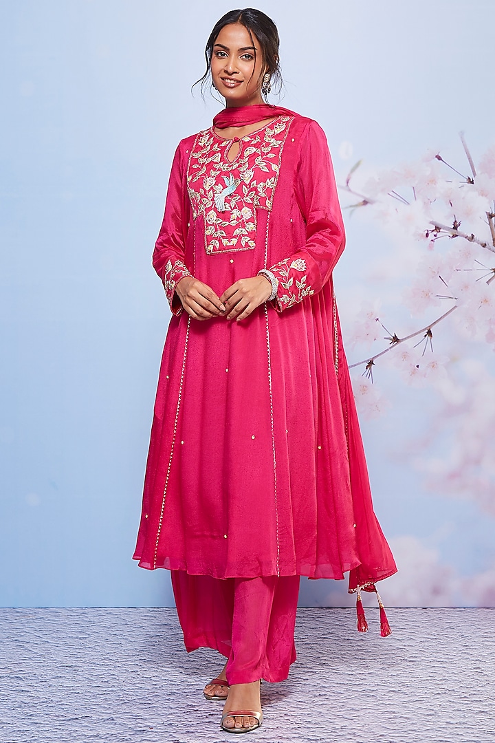 Rani Pink Chiffon Embroidered A-line Kurta Set For Girls by Ajiesh Oberoi - Kids at Pernia's Pop Up Shop