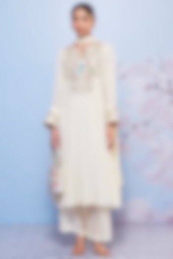 Ivory Chiffon Embroidered Kurta Set For Girls by Ajiesh Oberoi - Kids at Pernia's Pop Up Shop