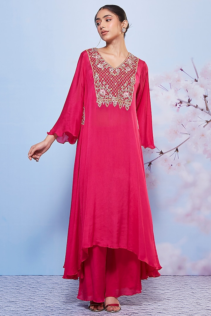 Rani Pink Chiffon & Cotton Lycra Embroidered Kurta Set For Girls by Ajiesh Oberoi - Kids at Pernia's Pop Up Shop