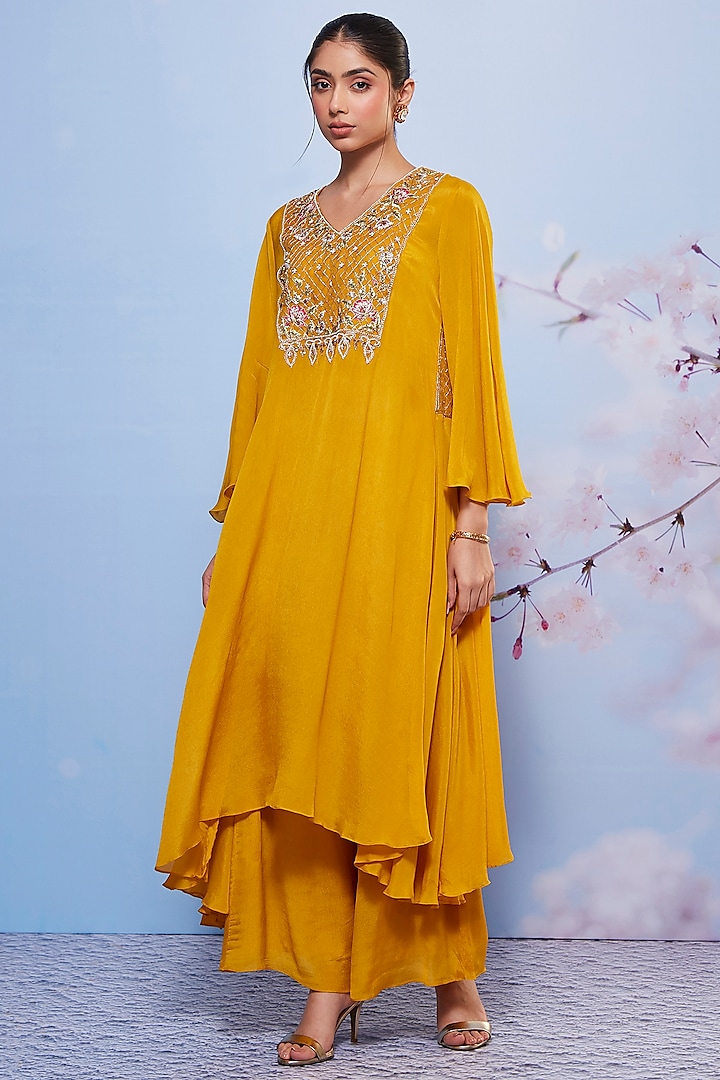 Mustard Chiffon & Cotton Lycra Embroidered Kurta Set For Girls by Ajiesh Oberoi - Kids at Pernia's Pop Up Shop