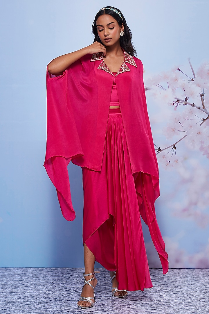Rani Pink Chiffon & Modal Skirt Set For Girls by Ajiesh Oberoi - Kids