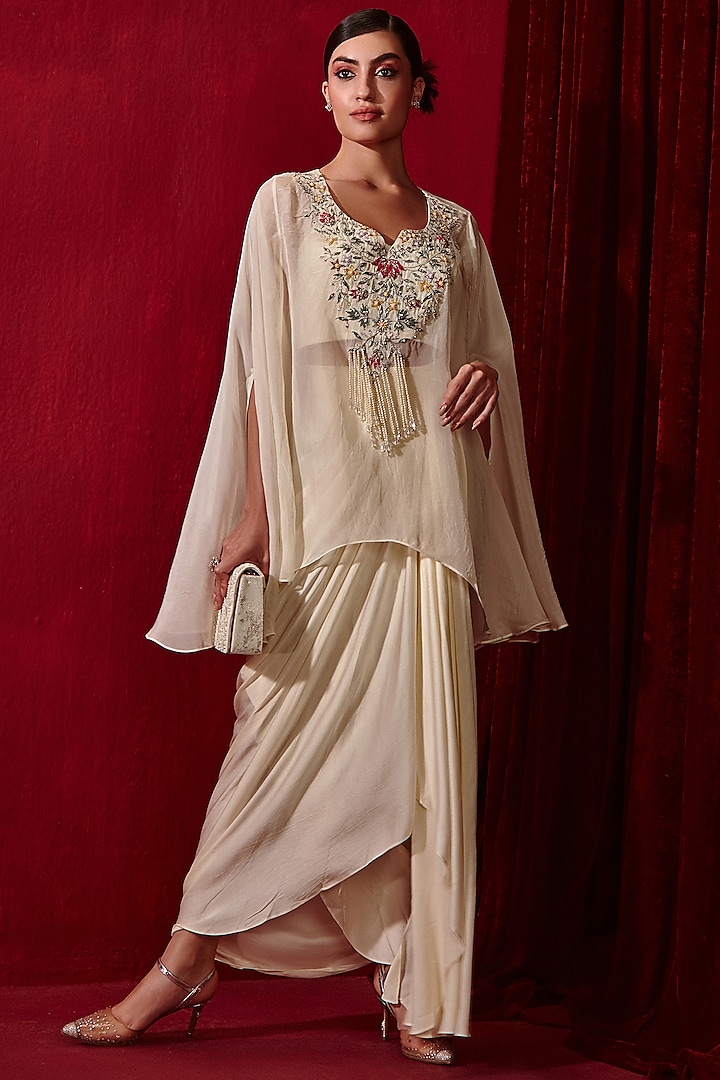 Ivory Organza Embroidered Cape Set For Girls by Ajiesh Oberoi - Kids