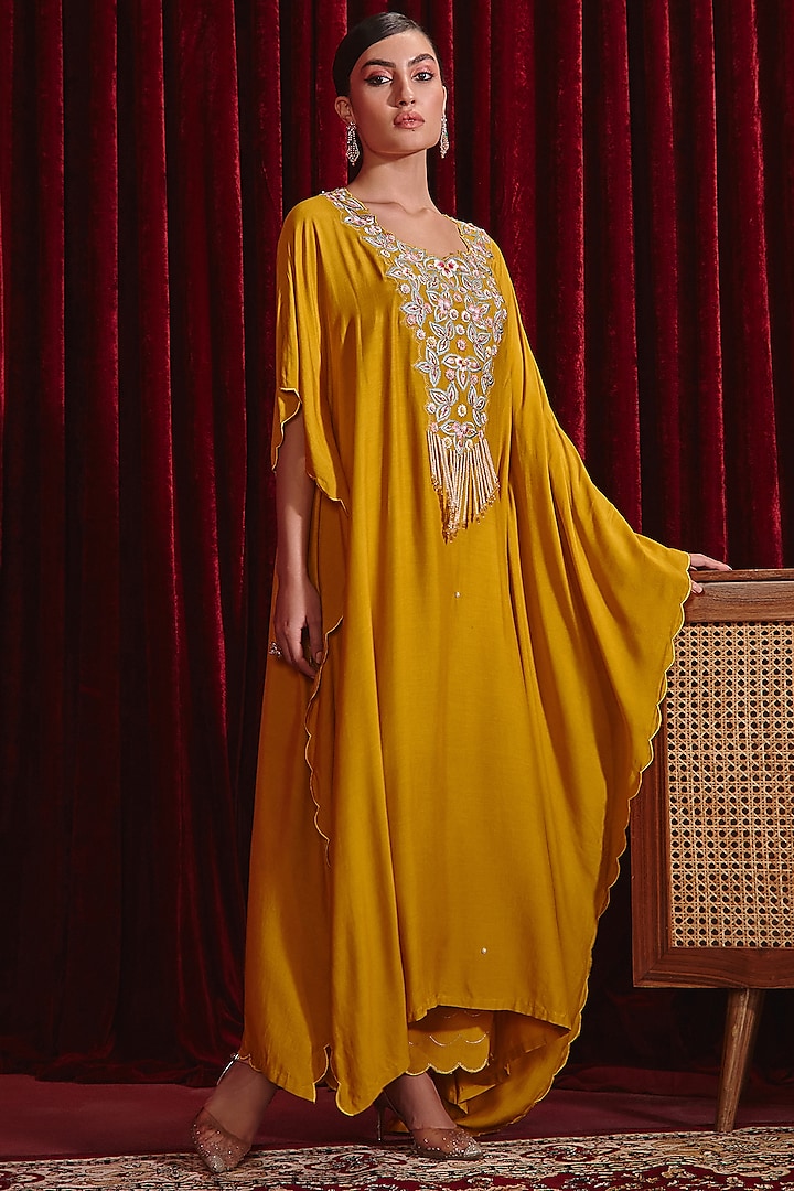 Mustard Cotton Silk Pearl Embroidered Kaftan Set For Girls by Ajiesh Oberoi - Kids at Pernia's Pop Up Shop