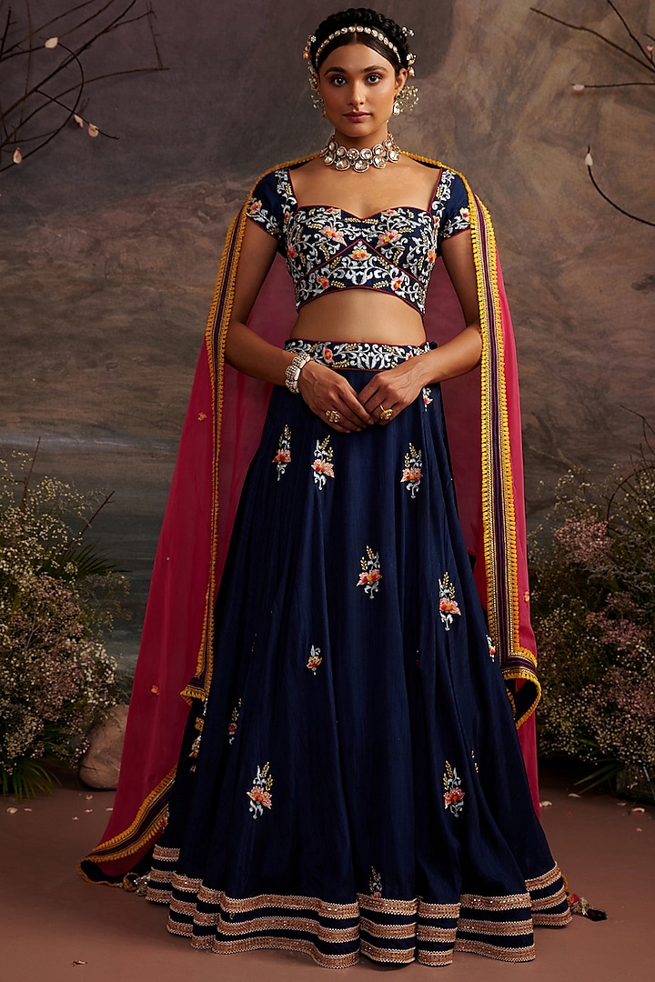 Navy Blue Dupion Silk Floral Embroidered Lehenga Set For Girls by Ajiesh Oberoi - Kids