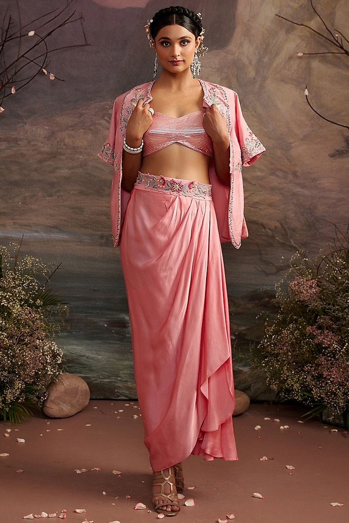 Rose Pink Modal Satin Silk Skirt Set For Girls by Ajiesh Oberoi - Kids