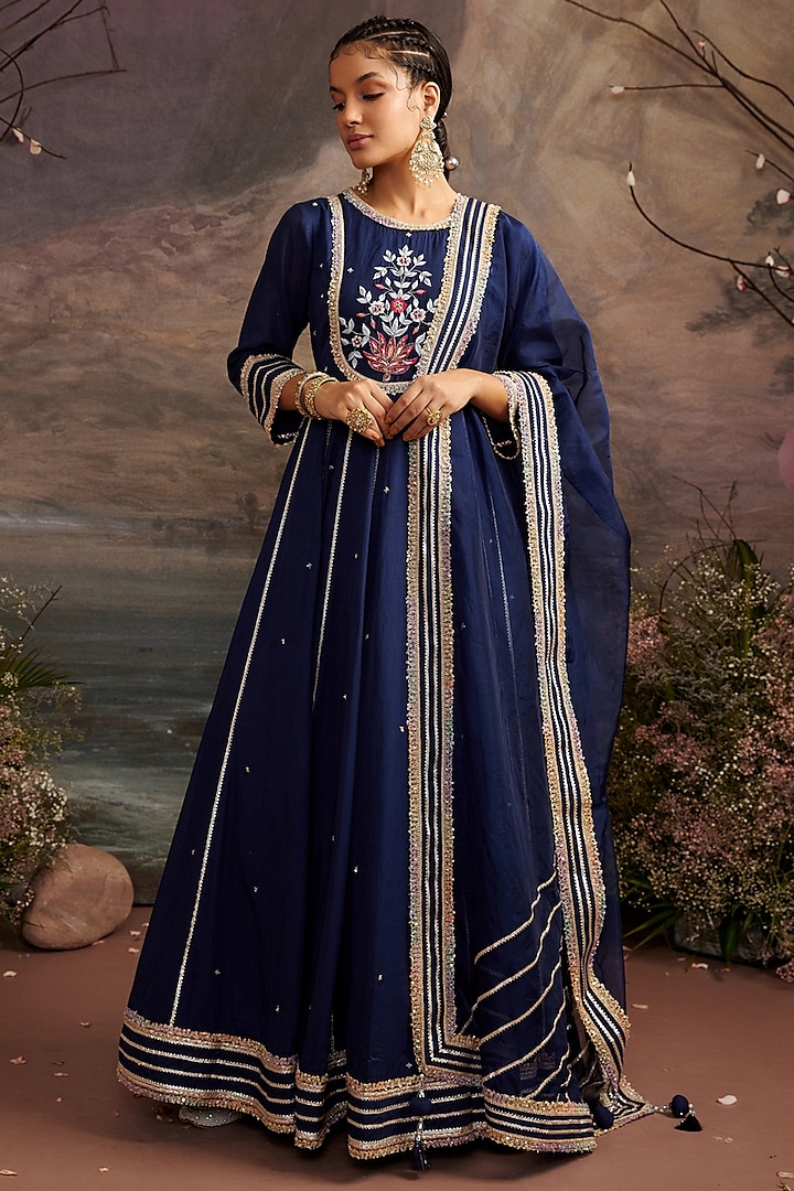 Navy Blue Cotton Silk Embroidered Anarkali Set For Girls by Ajiesh Oberoi - Kids