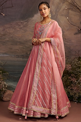 Peach Cotton Silk Embroidered Anarkali Set For Girls by Ajiesh Oberoi - Kids