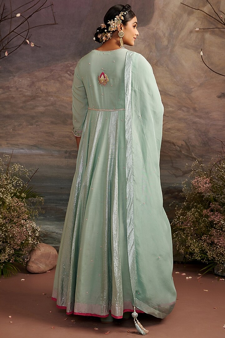 Sea Green Cotton Silk Embroidered Anarkali Set For Girls by Ajiesh Oberoi - Kids at Pernia's Pop Up Shop