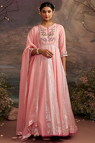 Rose Pink Cotton Silk Embroidered Anarkali Set For Girls by Ajiesh Oberoi - Kids