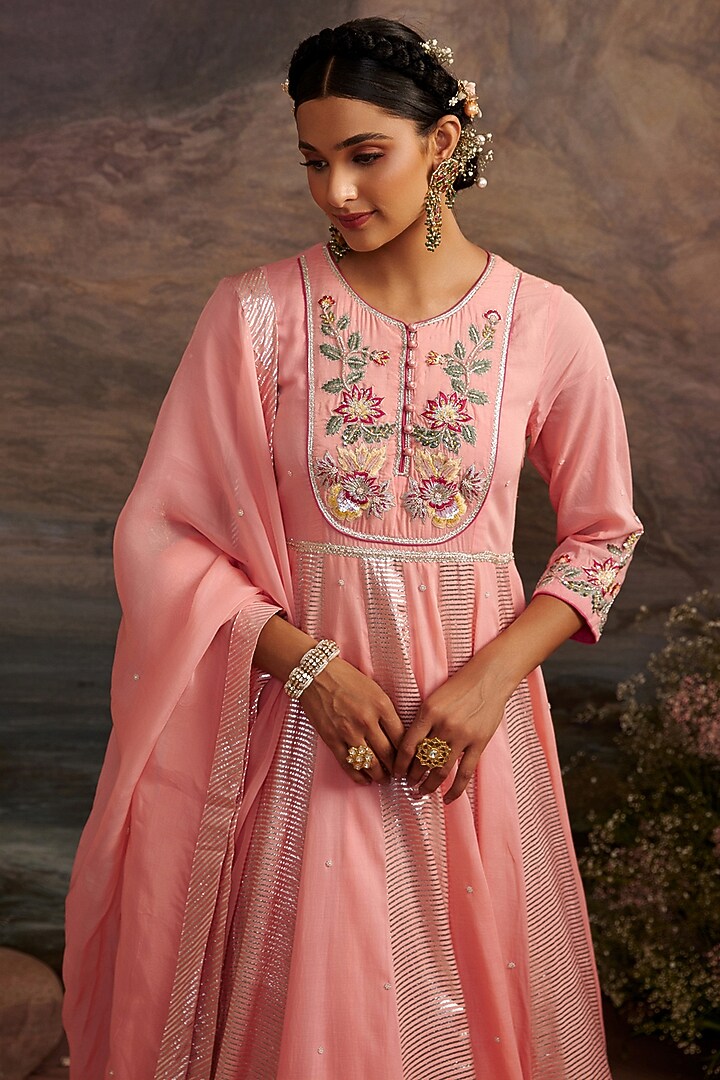 Rose Pink Cotton Silk Embroidered Anarkali Set For Girls by Ajiesh Oberoi - Kids at Pernia's Pop Up Shop