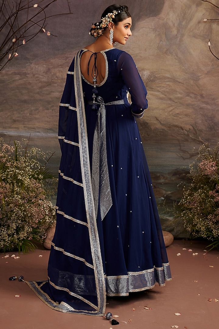 Navy Blue Georgette Embroidered Anarkali Set For Girls by Ajiesh Oberoi - Kids at Pernia's Pop Up Shop