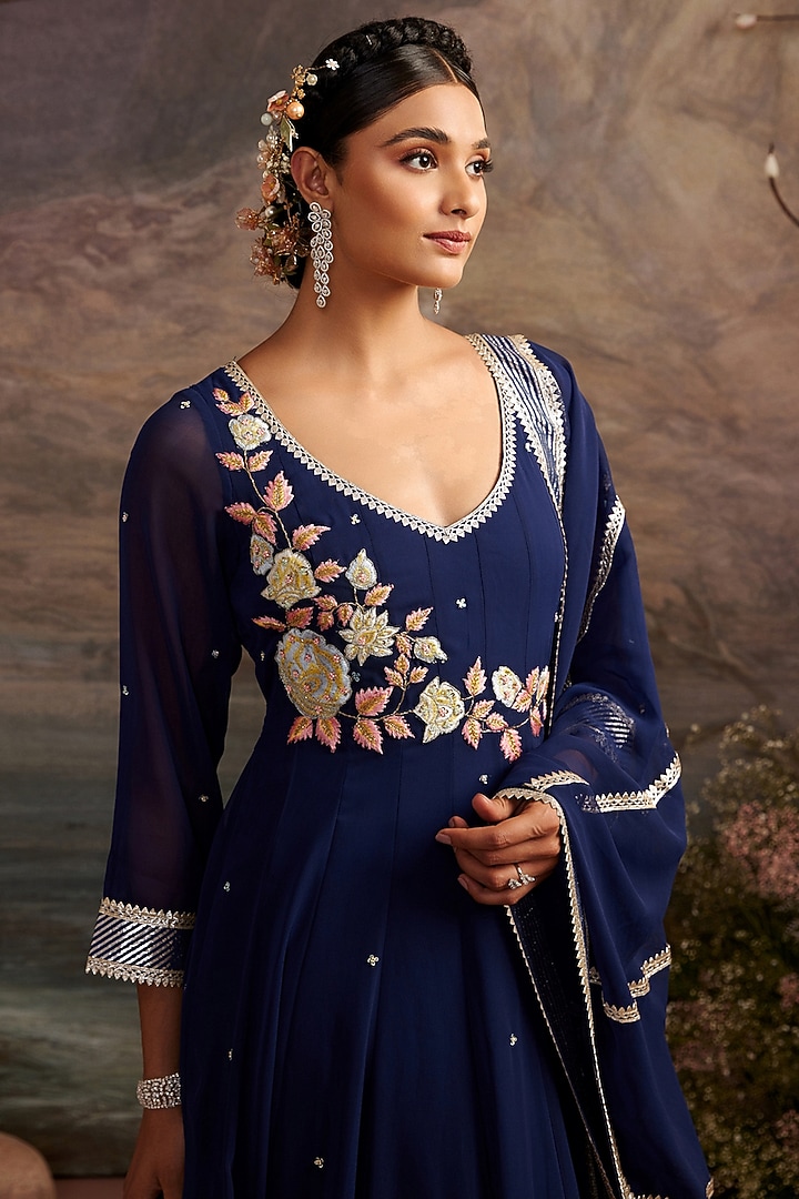 Navy Blue Georgette Embroidered Anarkali Set For Girls by Ajiesh Oberoi - Kids at Pernia's Pop Up Shop