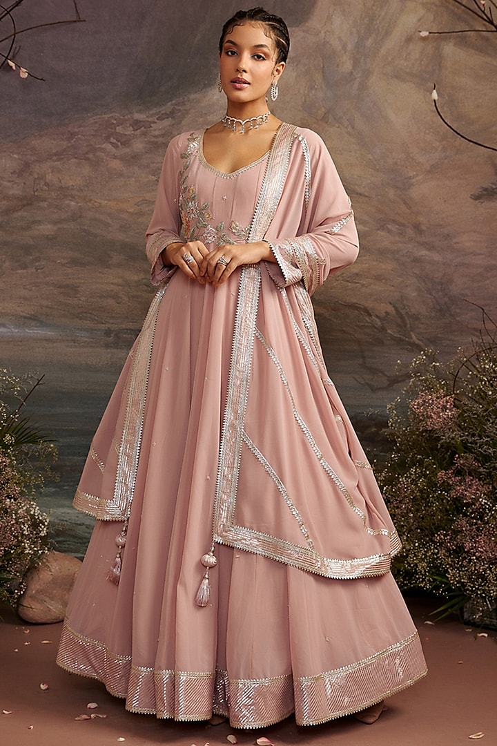 Old Rose Pink Georgette Embroidered Anarkali Set For Girls by Ajiesh Oberoi - Kids