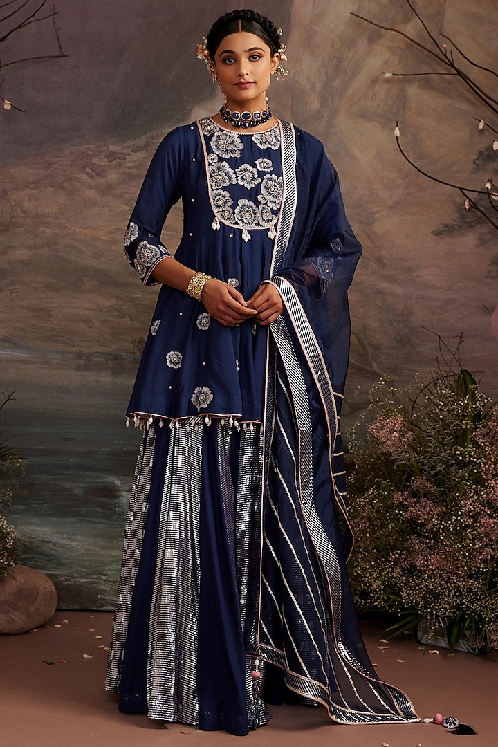 Navy Blue Cotton Silk Sharara Set For Girls by Ajiesh Oberoi - Kids at Pernia's Pop Up Shop