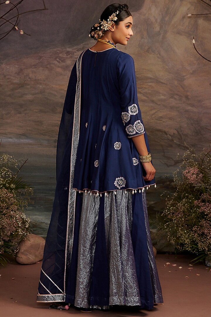 Navy Blue Cotton Silk Sharara Set For Girls by Ajiesh Oberoi - Kids at Pernia's Pop Up Shop