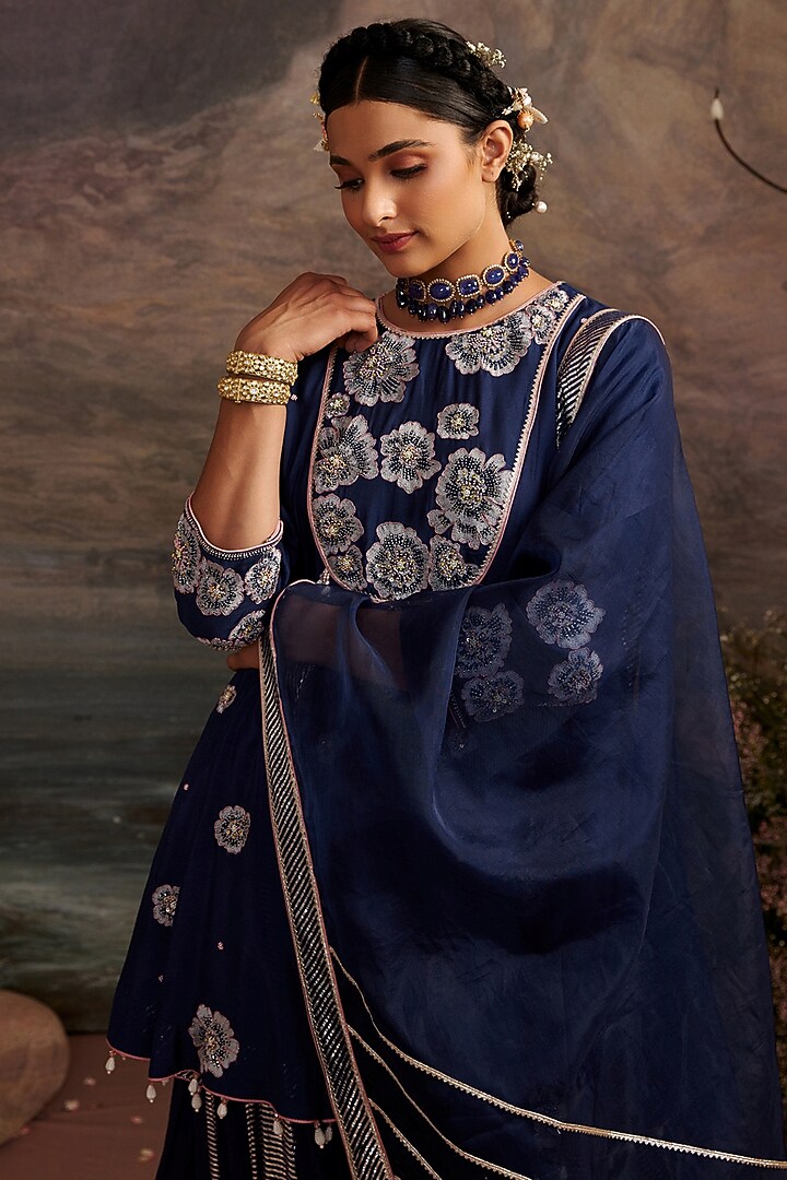 Navy Blue Cotton Silk Sharara Set For Girls by Ajiesh Oberoi - Kids at Pernia's Pop Up Shop