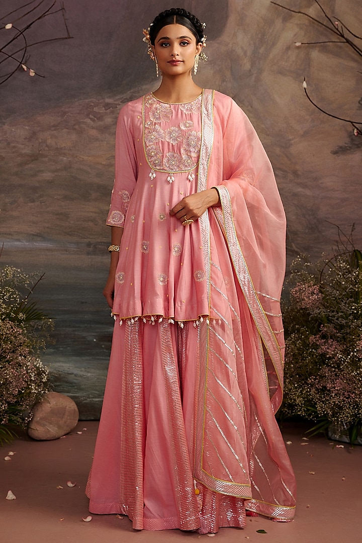 Rose Pink Cotton Silk Sharara Set For Girls by Ajiesh Oberoi - Kids