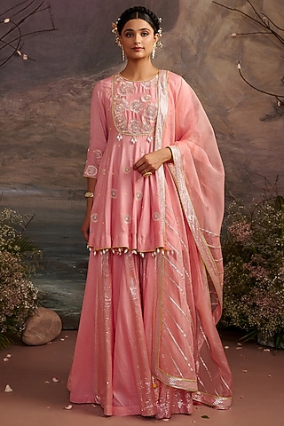 Rose Pink Cotton Silk Sharara Set For Girls by Ajiesh Oberoi - Kids