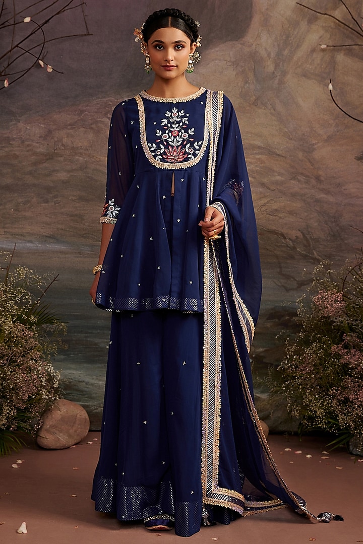 Navy Blue Georgette Sharara Set For Girls by Ajiesh Oberoi - Kids