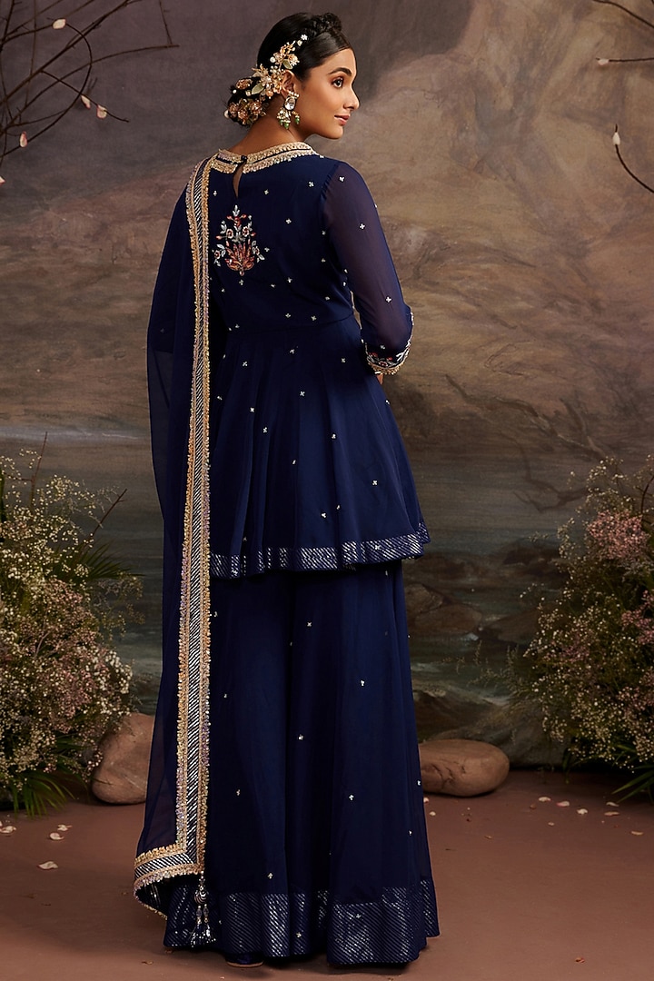 Navy Blue Georgette Sharara Set For Girls by Ajiesh Oberoi - Kids at Pernia's Pop Up Shop