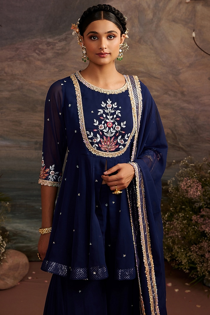 Navy Blue Georgette Sharara Set For Girls by Ajiesh Oberoi - Kids at Pernia's Pop Up Shop