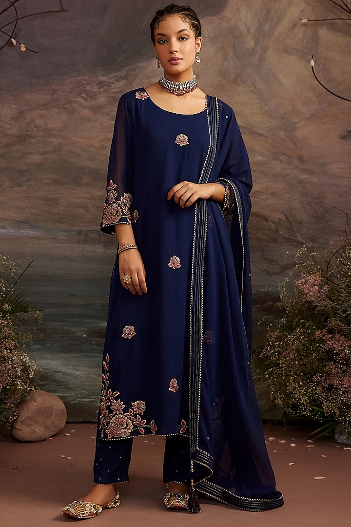 Navy Blue Georgette Kurta Set For Girls by Ajiesh Oberoi - Kids at Pernia's Pop Up Shop