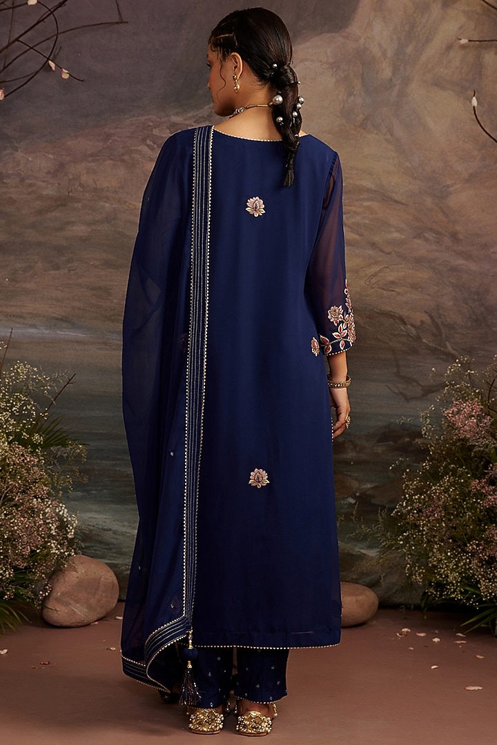 Navy Blue Georgette Kurta Set For Girls by Ajiesh Oberoi - Kids at Pernia's Pop Up Shop
