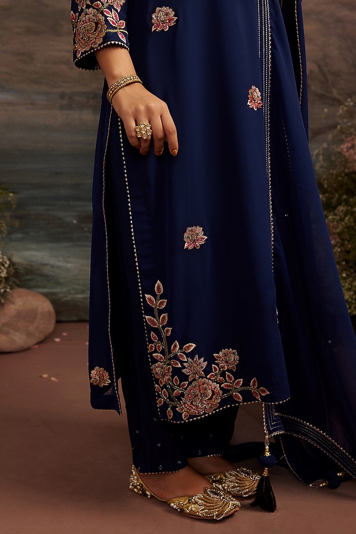 Navy Blue Georgette Kurta Set For Girls by Ajiesh Oberoi - Kids at Pernia's Pop Up Shop