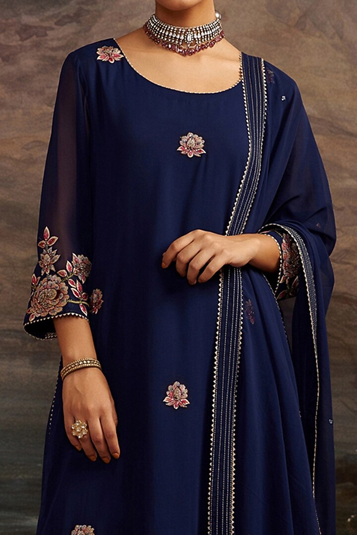 Navy Blue Georgette Kurta Set For Girls by Ajiesh Oberoi - Kids at Pernia's Pop Up Shop