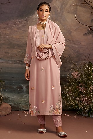 Old Rose Pink Georgette Kurta Set For Girls by Ajiesh Oberoi - Kids