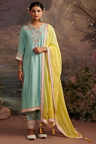 Sea Green Dupion Silk Embroidered Kurta Set For Girls by Ajiesh Oberoi - Kids