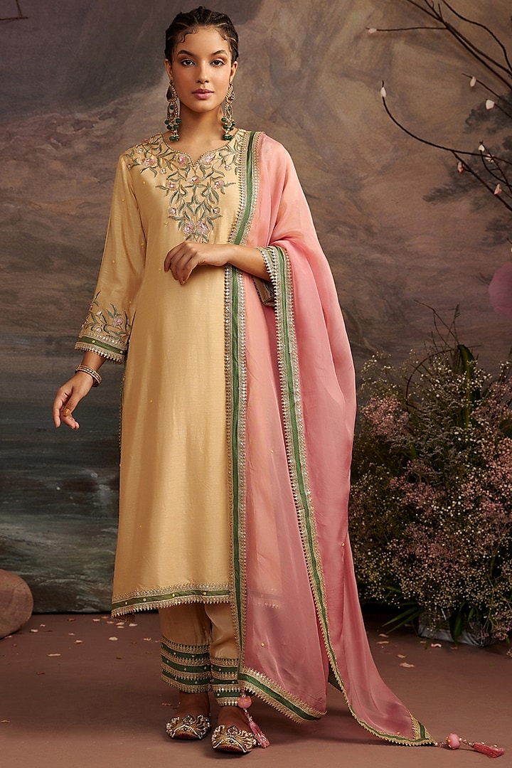 Honey Gold Dupion Silk Embroidered Kurta Set For Girls by Ajiesh Oberoi - Kids