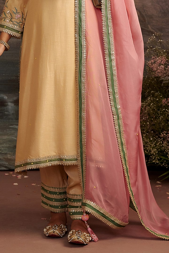 Honey Gold Dupion Silk Embroidered Kurta Set For Girls by Ajiesh Oberoi - Kids at Pernia's Pop Up Shop