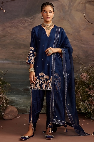 Navy Blue Dupion Silk Dhoti Set For Girls by Ajiesh Oberoi - Kids