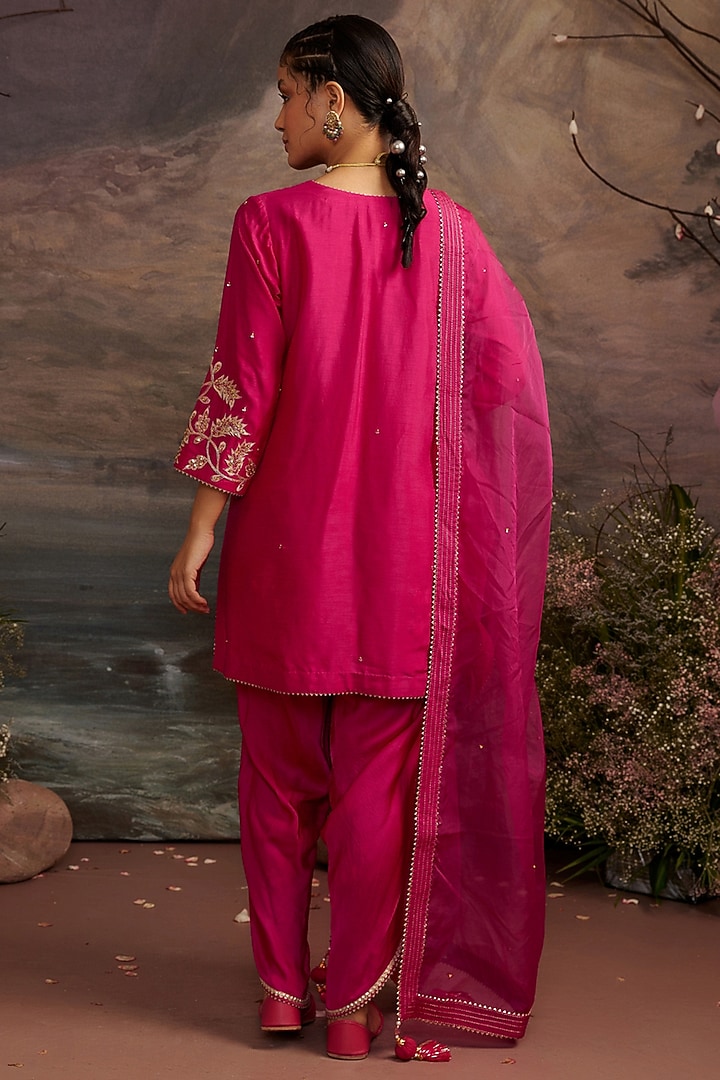 Rani Pink Dupion Silk Dhoti Set For Girls by Ajiesh Oberoi - Kids at Pernia's Pop Up Shop