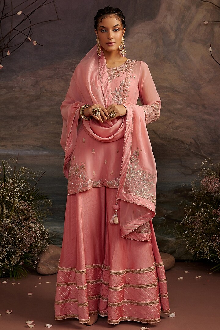 Rose Pink Dupion Silk Sharara Set For Girls by Ajiesh Oberoi - Kids at Pernia's Pop Up Shop