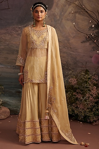 Honey Gold Dupion Silk Sharara Set For Girls by Ajiesh Oberoi - Kids