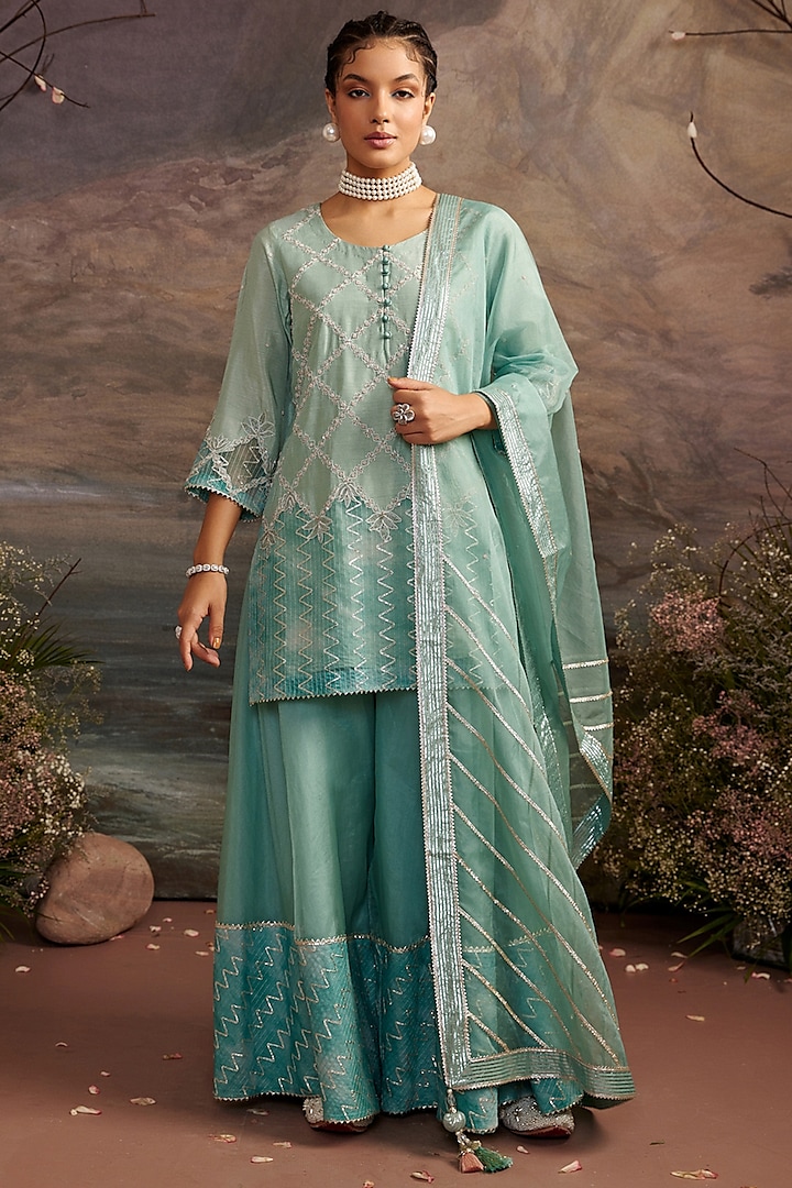 Sea Green Embroidered Sharara Set For Girls by Ajiesh Oberoi - Kids