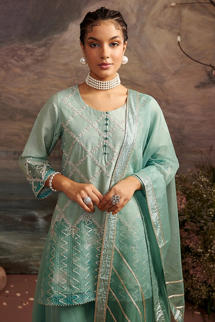 Sea Green Embroidered Sharara Set For Girls by Ajiesh Oberoi - Kids at Pernia's Pop Up Shop