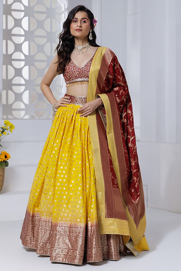 Yellow Silk Brocade Hand Embroidered & Floral Printed Wedding Lehenga Set by AJAY & PRIYANKA at Pernia's Pop Up Shop