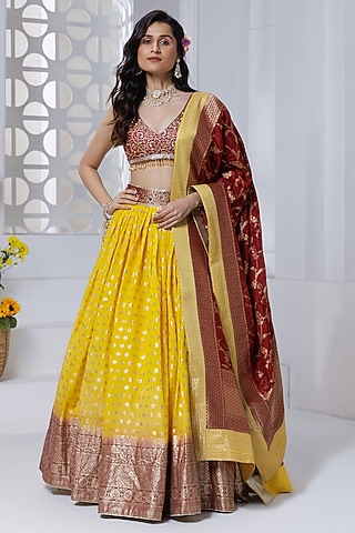 Bright Orange Pure Brocade Hand Embroidered Lehenga Set