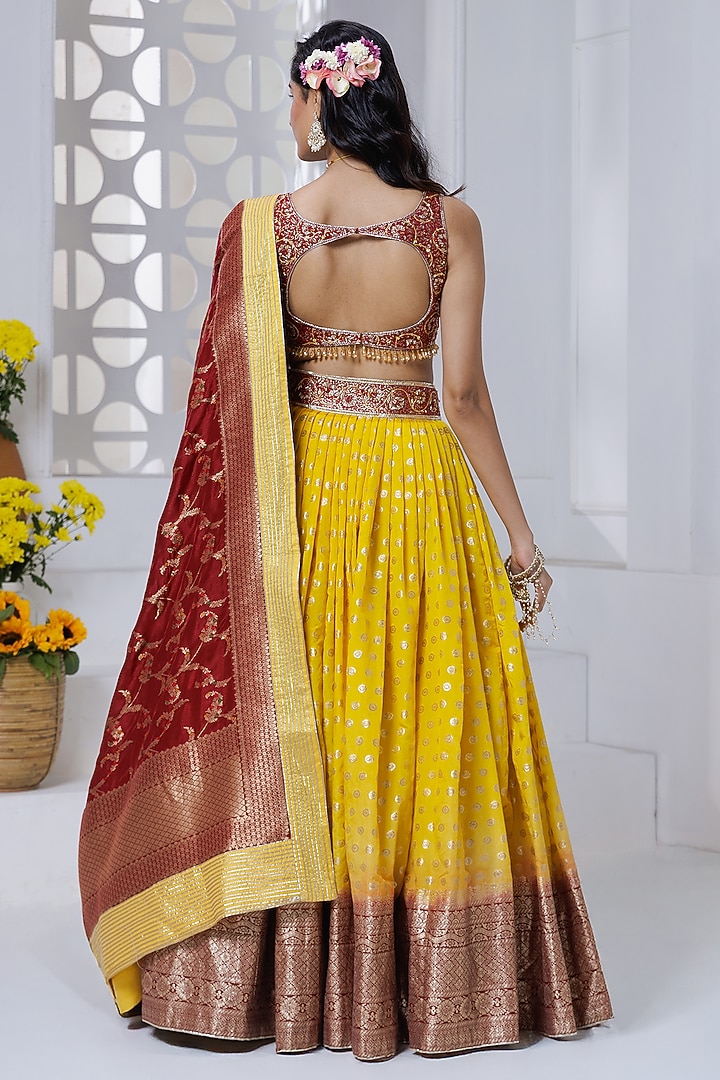 Yellow Silk Brocade Hand Embroidered & Floral Printed Wedding Lehenga Set by AJAY & PRIYANKA at Pernia's Pop Up Shop
