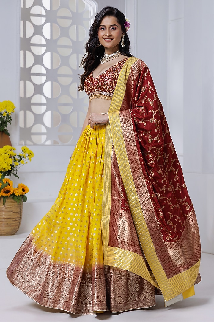 Yellow Silk Brocade Hand Embroidered & Floral Printed Wedding Lehenga Set by AJAY & PRIYANKA at Pernia's Pop Up Shop