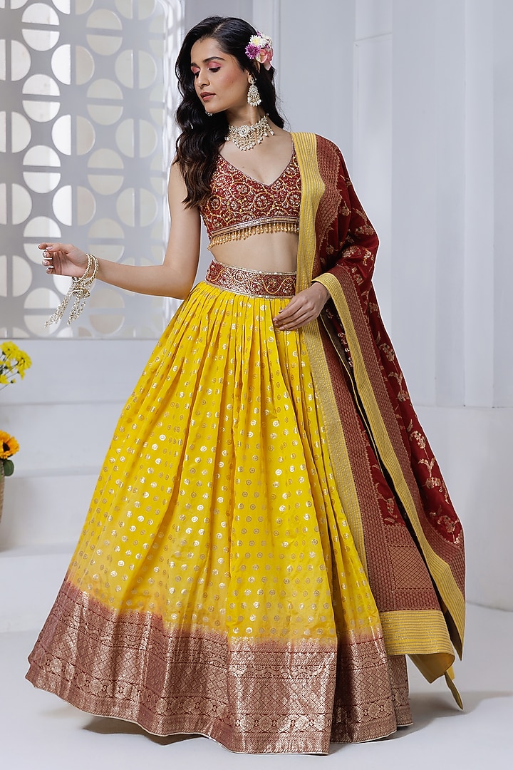 Yellow Silk Brocade Hand Embroidered & Floral Printed Wedding Lehenga Set by AJAY & PRIYANKA at Pernia's Pop Up Shop